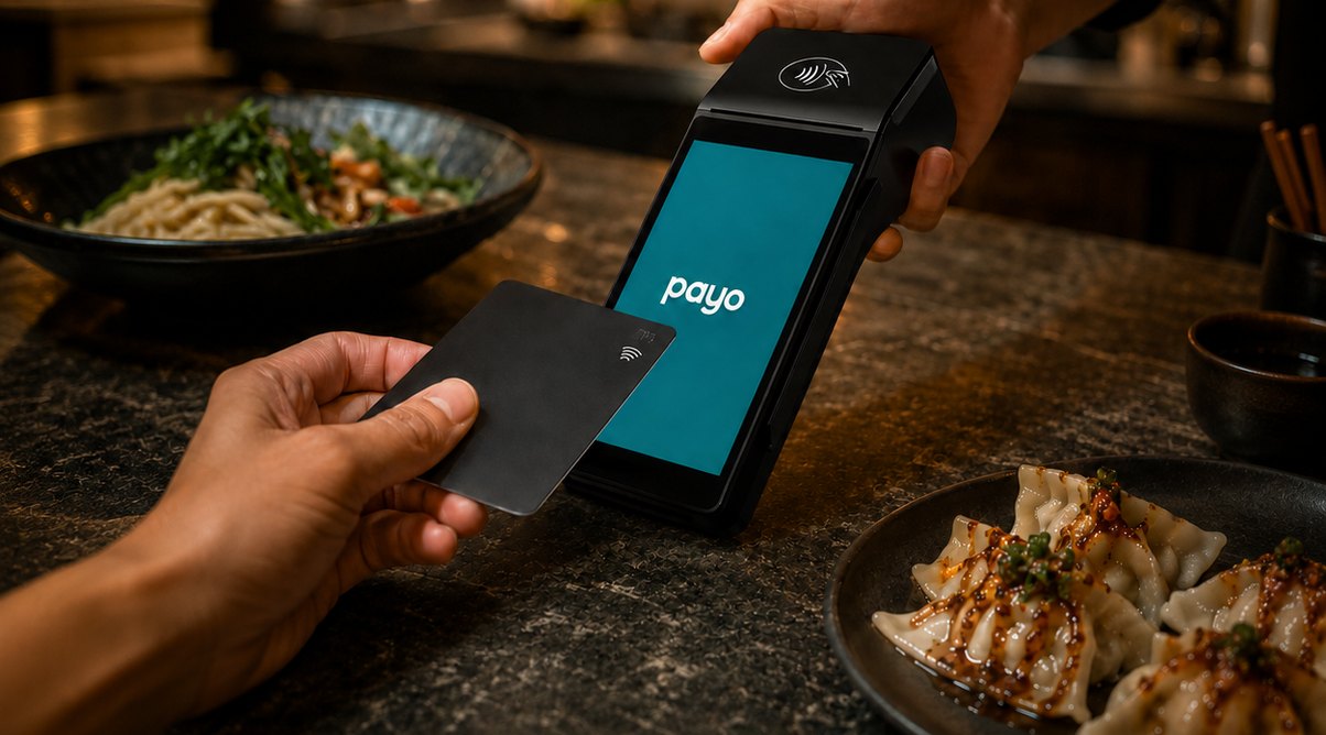A customer tapping a card on a Payo terminal